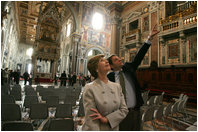 Laura Bush tours St. John at the Lateran Church in Rome by art historian Dr. Stefano Aluffi-Pentini Thursday, April 7, 2005.