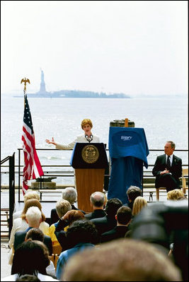 Mrs Bush delivers remarks at Battery Park in New York City May 10, 2004. 