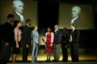 Laura Bush meets students from Gilder Lehrman Network Schools during a Preserve America event at the New York Historical Society in New York City, Oct. 19, 2004. 