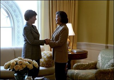 Laura Bush visits with Suzanne Mubarak, First Lady of the Arab Republic of Egypt, Monday, March 4, 2002. White House photo by Susan Sterner.