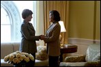 Laura Bush visits with Suzanne Mubarak, First Lady of the Arab Republic of Egypt, Monday, March 4, 2002. White House photo by Susan Sterner.