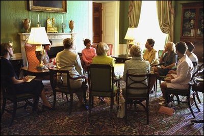 During the July 17, 2002 State Visit honoring Poland, Mrs. Bush hosted a coffee for Jolanta Kwasniewska, First Lady of Poland, in the Green Room. White House photo by Susan Sterner.