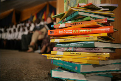 A stack of some of the books that will part of the Africa Education Initiative Textbooks Program, are seen on stage Jan. 17, 2006 in Accra, Ghana.