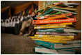 A stack of some of the books that will part of the Africa Education Initiative Textbooks Program, are seen on stage Jan. 17, 2006 in Accra, Ghana.