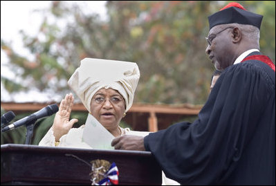 Liberia President Ellen Johnson Sirleaf is sworn-in as the first woman head of state in Africa, in Monrovia, Liberia, Jan. 16, 2006.