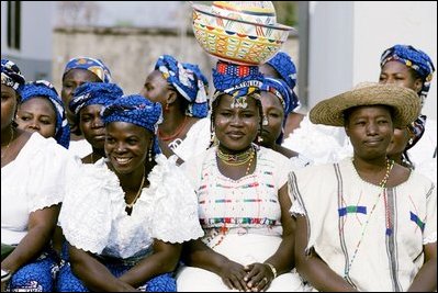 Traditional Nigerian dancers smile as they participate Wednesday, Jan. 18, 2006, in the festivities surrounding the visit by Laura Bush to St. Mary's hospital in Gwagwalada, Nigeria.