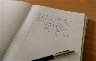 A page from the guest book at St. Mary's Hospital in Gwagwalada, Nigeria, is seen signed by Laura Bush, Wednesday, Jan. 18, 2006.