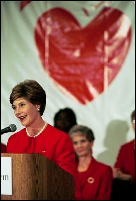 Laura Bush speaks about heart disease risks for women at St. Luke's Hospital in Kansas City, Mo., during a Heart Truth Campaign Event, Sept. 16, 2003. 