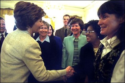 Laura Bush greets the 2002 Elementary and Secondary Presidential Award winners for Excellence in Math and Science Teaching (PAESMT), the nation's highest teaching honor, in the East Room Wednesday, March 19, 2003. White House photo by Susan Sterner.
