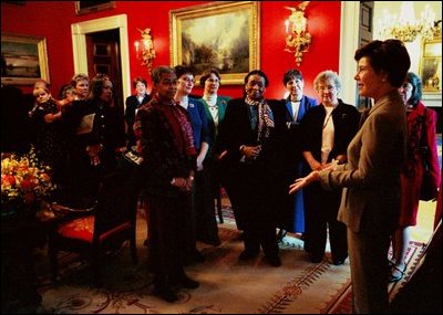 Laura Bush addresses members of the District of Columbia Library Association and Associated Librarians of Fairfax County during a reception in the Red Room at the White House Monday, April 7, 2003. This week celebrates National Library Week, an event that as been held annually for 45 years to recognize the contributions of our nation's libraries and librarians and to promote library use and support. White House photo by Susan Sterner.