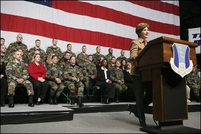 Laura Bush addresses U.S. soldiers and their spouses at Ramstein Airbase in Ramstein, Germany, Feb. 22, 2005.