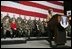 Laura Bush addresses U.S. soldiers and their spouses at Ramstein Airbase in Ramstein, Germany, Feb. 22, 2005.