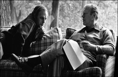 President Gerald R. Ford and Chief of Staff Dick Cheney meet at Camp David. Mr. Cheney served on the transition team and later as Deputy Assistant to the President when Ford assumed the Presidency in August 1974. In November 1975, Cheney was named Assistant to the President and White House Chief of Staff, a position he held throughout the remainder of the Ford Administration. White House photo by David Hume Kennerly.
