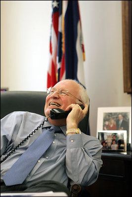 Vice President Dick Cheney talks with former President Gerald R. Ford by telephone from the Vice President's West Wing office, December 8, 2006. "He was a dear friend and mentor to me until this very day," said the Vice President in a statement released upon President Ford's death on December 26.
