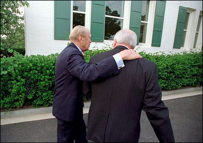 Former President Gerald R. Ford walks with Vice President Dick Cheney before a dinner for the Gerald R. Ford Foundation at the Vice President's residence at the U.S. Naval Observatory in Washington, D.C., June 4, 2001.