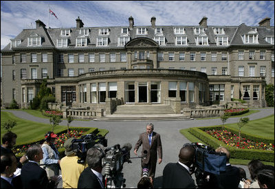 President George W. Bush delivers a brief statement to the media outside the Gleneagles Hotel in Auchterarder, Scotland Thursday, July 7, 2005, regarding the terrorist attacks in London that occured earlier in the day.