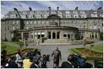 President George W. Bush delivers a brief statement to the media outside the Gleneagles Hotel in Auchterarder, Scotland Thursday, July 7, 2005, regarding the terrorist attacks in London that occured earlier in the day.