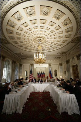 President George W. Bush, center, attends a roundtable discussion with Civil Society at the Consul General’s residence, Friday, July 14, 2006 in St. Petersburg, Russia.