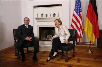 President George W. Bush meets one-on-one with German Chancellor Angela Merkel in Stralsund, Germany, Thursday, July 13, 2006.