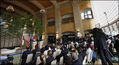 President George W. Bush and Prime Minister Yasuo Fukuda of Japan participate in a joint press availability Sunday, July 6, 2008, at the Windsor Hotel Toya Resort and Spa, site of the 2008 G8 Summit.