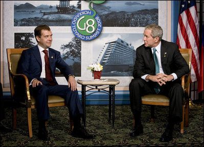 President George W. Bush meets with President Dmitriy Medvedev of Russia Monday, July 7, 2008, at the Windsor Hotel Toya Resort and Spa in Toyako, Japan, site of the 2008 G-8 Summit. Said President Bush during remarks, "...We talked about a variety of issues. And while there's some areas of disagreement, there's also areas where I know we can work together for the common good."