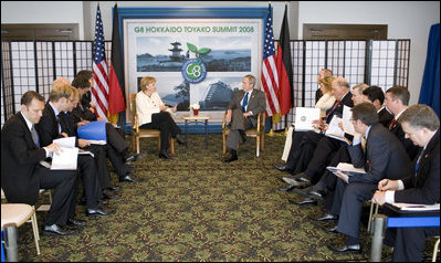 President George W. Bush and Chancellor Angela Merkel of Germany, meet Tuesday, July 8, 2008, at the Windsor Hotel Toya Resort and Spa in Toyako, Japan. Calling Chancellor Merkel a "constructive force for good," President Bush told his fellow leader, "I value your friendship. I value your advice."