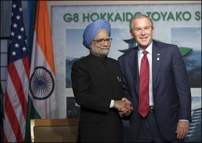 President George W. Bush shakes hands with Indian Prime Minister Manmohan Singh following a meeting at the G-8 Summit Wednesday, July 9, 2008, in Toyako, Japan. 