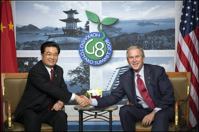 President George W. Bush shakes hands with President of China, Hu Jintao, during their meeting at the G-8 Summit Wednesday, July 9, 2008, in Toyako, Japan.