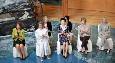 Mrs. Bush participates in a discussion with Junior 8 (J8) members and other G-8 spouses during her visit to the Toyako Town Visitors Center Wednesday, July 9, 2008, in Hokkaido, Japan. Mrs. Bush is joined by from left, Mrs. Sarah Brown, spouse of the Prime Minister of the United Kingdom, Mrs. Svetlana Medvedev, spouse of the President of Russia, Mrs. Kiyoko Fukuda, spouse of the Prime Minister of Japan, and Mrs. Laureen Harper, spouse of the Prime Minister of Canada.