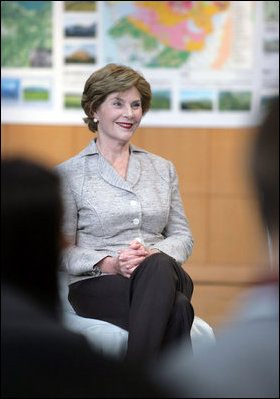 Mrs. Laura Bush participates in a discussion with Junior 8 (J8) members during her visit to the Lake Toya Visitors Center Wednesday, July 9, 2008, in Hokkaido, Japan.