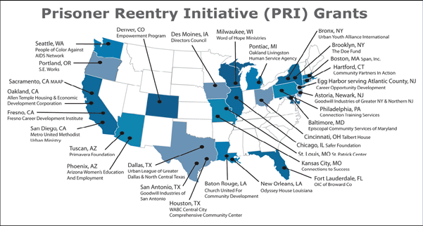 Prisoner Reentry Initiative Grants - image shows cities and states around the U.S. where P.R.I. grants have been given