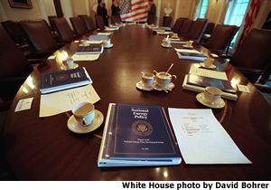 Copies of the energy report are resting on the table in the Cabinet Room. White House photo by David Bohrer.