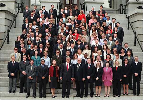 Photo of the President and Vice President with the 2002 White House Summer Interns.