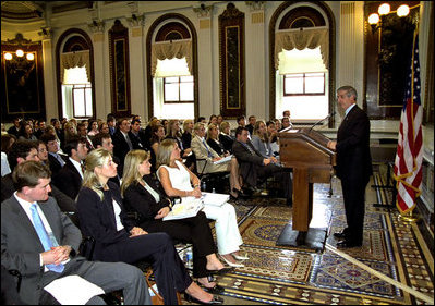 As part of the White House Intern Speaker Series, Assistant to the President and Chief of Staff Andy Card speaks to the Summer 2003 Interns in the Indian Treaty Room of the Dwight D. Eisenhower Executive Office Building, Washington, D.C., May 27, 2003.