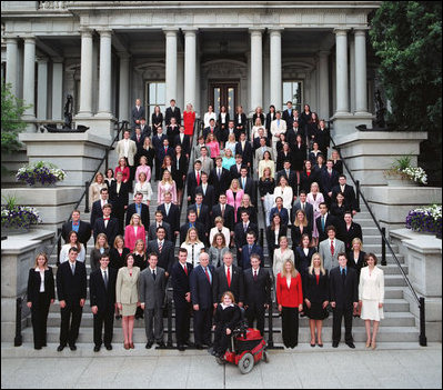 President George W. Bush and Vice President Dick Cheney pose with the Summer 2004 White House Interns on the Navy Steps Dwight D. Eisenhower Executive Office Building in Washington, D.C., July 21, 2004.