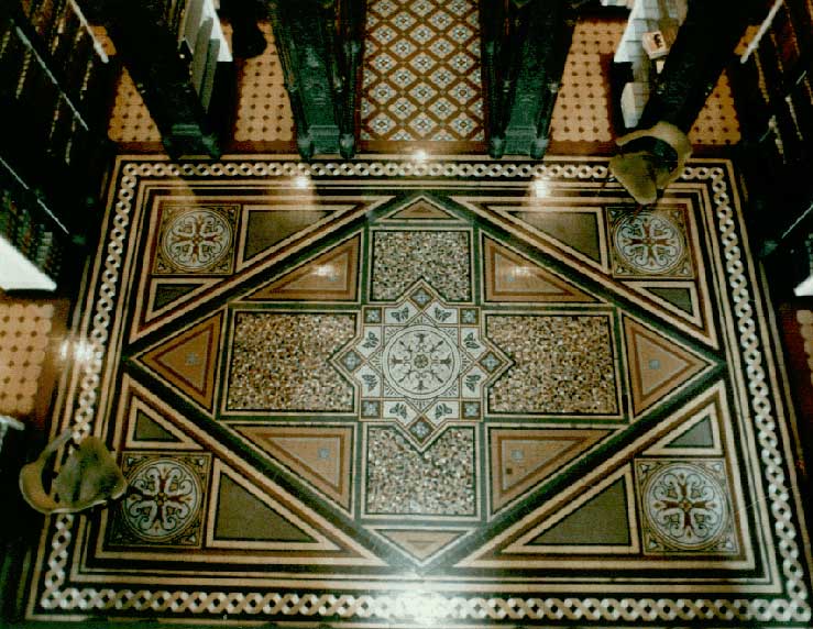 Photo showing the detail of the tile work on the Law Library floor (1985, White House)
