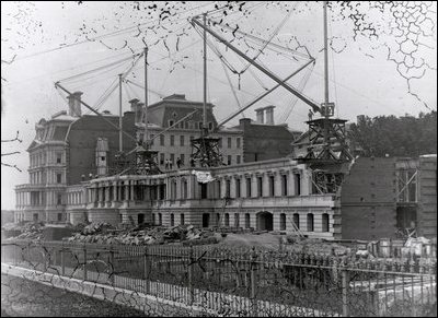 East Wing construction underway on July 14, 1875, the day that the staff moved into the South Wing.
