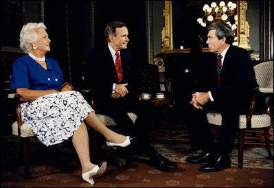 Barbara Bush (left) and Vice President George Bush meet with CBS Correspondent Dan Rather for an interview in 1988 in room 274, the Vice President's Ceremonial Office, after its restoration.