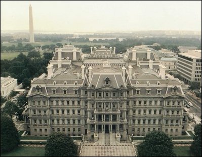 Seen from the air, the Eisenhower Executive Office Building fills the entire city block west of the White House.