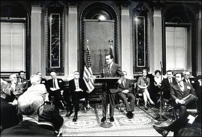 President Richard M. Nixon in the Indian Treaty Room celebrating the 30th anniversary of the EOP Budget ceremony in 1969.