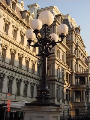 One of the EEOB's cast iron exterior lights on the perimeter fence.