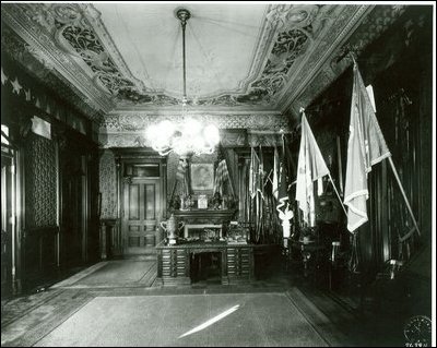 South view in the Secretary of War's Reception Room in 1932. Note the ceiling fresco with the image of Mars in his chariot pulled by two horses.