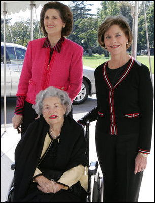 Mrs. Laura Bush welcomes former First Lady Lady Bird Johnson and her daughter, Lynda Johnson Robb, on their visit to the White House Oct. 19, 2005. White House photo by Krisanne Johnson. 