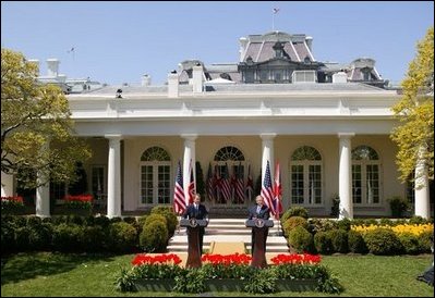 President George W. Bush and Prime Minister Tony Blair hold a press conference in the Rose Garden of the White House on April 16, 2004. 