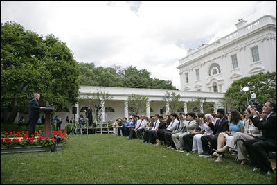 President George W. Bush addresses 200 exchange students from the program in the Rose Garden Monday, June 13, 2005. Living with host families for one year, the students come from mostly Muslim countries. "I think your generation is going to help shape one of the most exciting periods of history in the broader Middle East and the world," said the President. "It's a period of time when the hope of liberty is spreading to millions." 