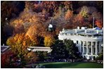 The fall foliage is in full view as Marine One departs the South Lawn. The Southern Magnolias to the left of the South Portico were planted by President Andrew Jackson.