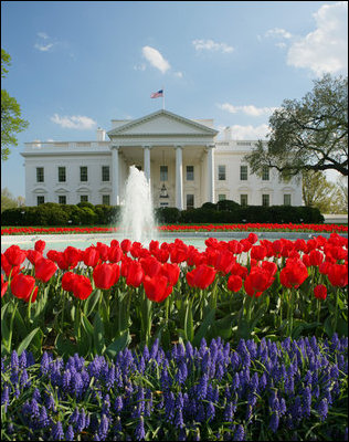 Spring flowers frame the north view of The White House, Thursday, April 13, 2006.