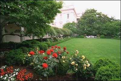 Pictured is the Rose Garden viewed from the West Wing. To the left is the West Colonnade. 
