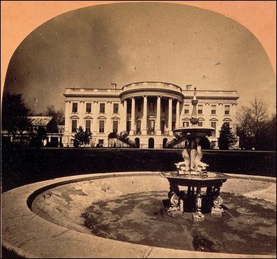 The first White House fountain, installed on the South Lawn in 1865, is shown in this detail from a stereophotograph, c.1866.