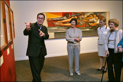 Mrs. Laura Bush and her mother, Jenna Welch, far right, are guided by Mr. Alfonso Miranda Márquez, far left, and Ms. Pilar O'Leary, center, on a tour of the exhibit, "Myths, Mortals, and Immortals: Works from Museo Soumaya de Mexico," at the Smithsonian International Gallery in Washington, D.C., Friday, Sept. 15, 2006. September 15 marks the first day of Hispanic Heritage Month.